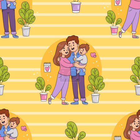 Seamless pattern with cute family. Happy man father hugs his wife and holds son in his arms on yellow striped background. Vector illustration in colored hand drawn doodle style