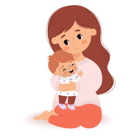 Cute young mother girl tenderly hugs her little child. Vector illustration flat cartoon style. Happy character.
