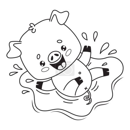 Feliz cerdo sonriente salpicando en charco de agua. Lindo contorno animal personaje de dibujos animados. Dibujo de línea, libro para colorear. Ilustración vectorial. Colección niños