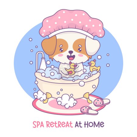 Cute cartoon dog wearing pink shower cap is sitting in sudsy bathtub is playing with yellow rubber duckies. Adorable kawaii pet character. Vector illustration. Funny spa retreat atmosphere at home