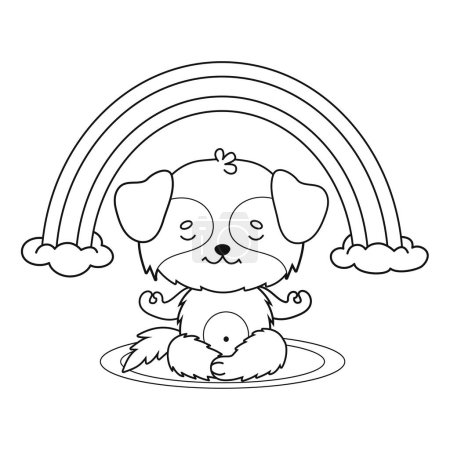 Cute cartoon dog meditating under rainbow. Funny outline animal character kawaii . Vector illustration. Line drawing, coloring book. Kids collection