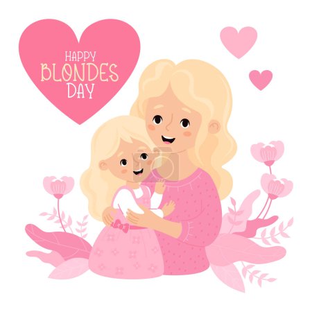 Happy Blonde Day. Cute blonde woman mother with her Fair-haired daughter in pink. Vector illustration in flat cartoon style. Holiday postcard congratulations. May 31.