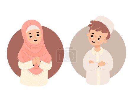 Cute Islamic children. Happy Muslim boy and girl in hijab. Isolated ethnic child character. Vector illustration in cartoon flat style. 