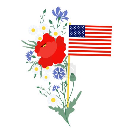 Gedenktag. Amerikanische Flagge mit Blumenstrauß, rotem Mohn, blauen Kornblumen und weißer Kamille. Vektorillustration für Design nationale traditionelle Feiertage USA und Independence Day
