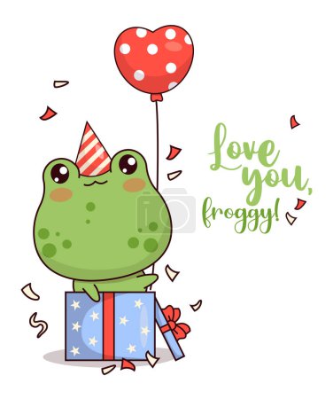 Joyeux petit grenouille en bonnet d'anniversaire avec ballon dans une boîte cadeau. Mignon animal kawaii caractère. Illustration vectorielle. Carte cool avec slogan drôle. Collection enfants