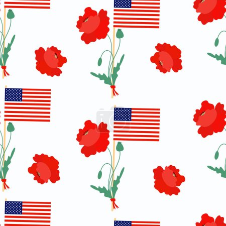 Ilustración de Patrón sin costuras Memorial Day. Bandera americana con flores de amapola roja sobre fondo blanco. Ilustración vectorial para el diseño de fiestas nacionales tradicionales y el Día de la Independencia - Imagen libre de derechos