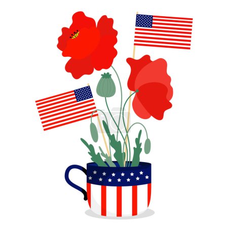 Gedenktag. Amerikanische Flaggen in symbolischer Tasse mit roten Mohnblumen. Vektorillustration für Design nationaler traditioneller Feiertage und Unabhängigkeitstag