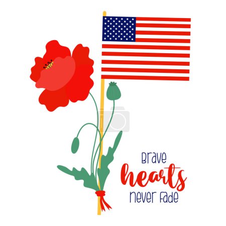 Gedenktag. Amerikanische Flagge mit roter Mohnblume und patriotischem Feiertagsspruch. Vektorillustration für Design nationaler traditioneller Feiertage 