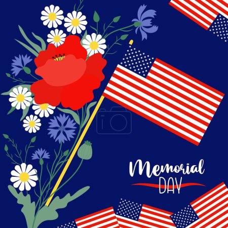 Memorial Day banner. American flags with bouquet flowers red poppy, cornflowers and chamomile on blue background. Vector illustration square poster for design national traditional holidays USA