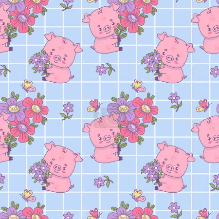 Seamless pattern with cute pigs with bouquet flowers on blue checkered background with butterflies. Festive funny kawaii animal character. Vector illustration. Kids collection