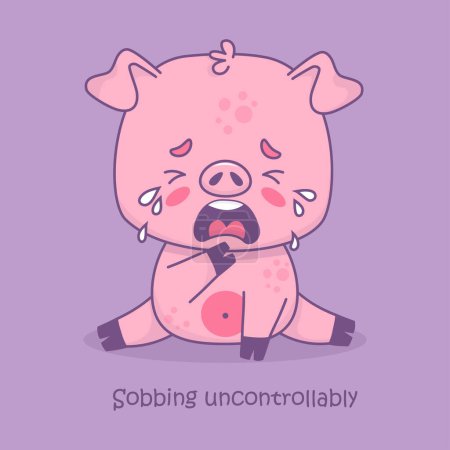 Unhappy sobbing pig with tears. Vector illustration. Card with funny cartoon animal character. Kids collection