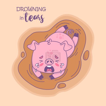 Illustration for Unhappy little pig lying in muddy puddle. Vector illustration. Card with cool funny cartoon kawaii animal character. Kids collection - Royalty Free Image