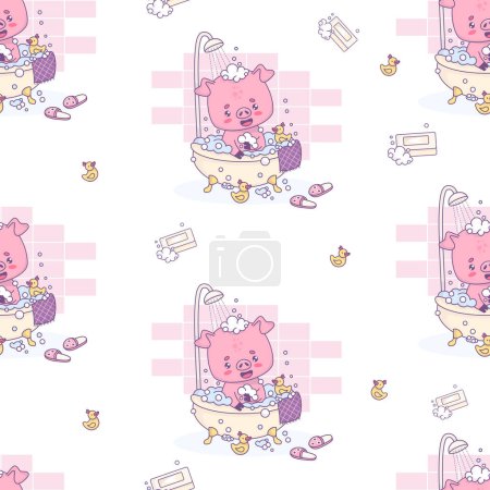 Nahtloses Muster mit lächelndem Schwein badet mit Schaumstoff und Gummiente auf weißem Hintergrund. Niedliche lustige kawaii Tier Charakter. Vektorillustration. Kinderkollektion