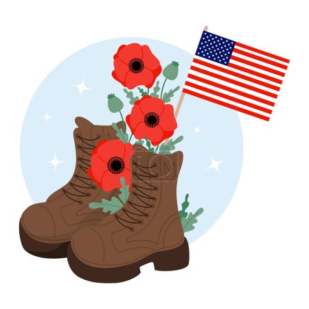 Military veteran boots with bouquet red poppy flowers and American flag. Memorial Day. Vector illustration for design national traditional holidays