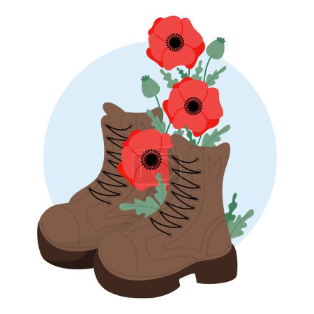 Illustration for Military veteran boots with bouquet red poppy flowers. Vector illustration - Royalty Free Image