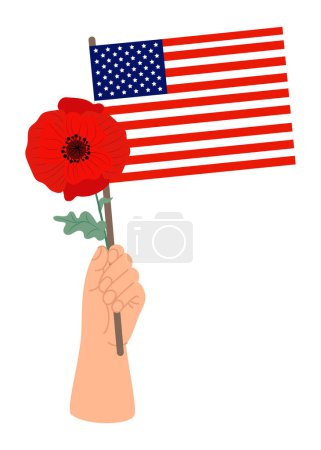 Hand with American flag and red poppy flower. Vector illustration in flat style