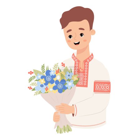 Young Ukrainian guy in traditional embroidered clothes, vyshyvanka, with bouquet of flowers. Cute male character for design festive themes. Vector illustration in flat style.