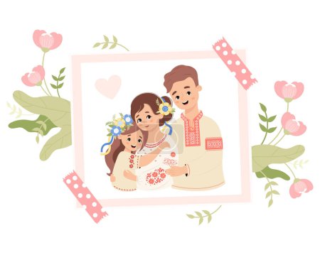 Cute holiday photograph from happy Ukrainian family with pink flowers. Father, mother and daughter with floral wreath with yellow-blue ribbons in traditional embroidered clothes. Vector illustration.