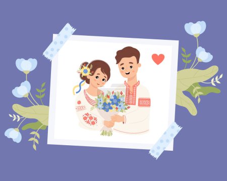 Cute holiday photograph portrait frame from happy Ukrainian couple people. Happy young man and woman in traditional national clothes embroidered vyshyvanka with bouquet flowers. Vector illustration.