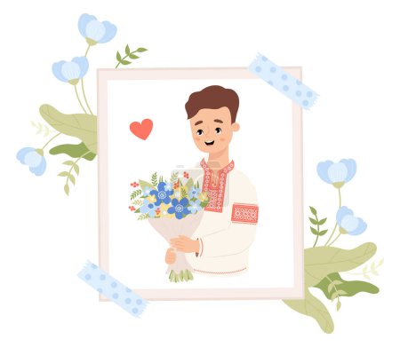 Cute Ukrainian man with bouquet. Holiday photograph frame with blue flowers. Happy portrait guy in traditional national clothes embroidered vyshyvanka. Vector illustration in flat style.