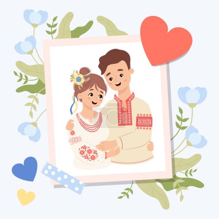 Holiday photograph portrait frame with happy Ukrainian couple people. Cute man and woman in traditional national clothes embroidered vyshyvanka with blue flowers and hearts. Vector illustration.