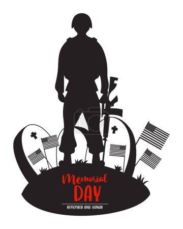 Memorial Day card. Veterans Cemetery. Military soldier with weapons stands in front of graves with American flags. Vector Silhouette drawing for design national traditional holidays