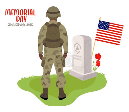 Memorial Day. Military soldier stands in front of grave with tombstone with American flag and red poppy flowers. Veterans Cemetery. Vector illustration for design national traditional holidays 