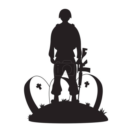 Military soldier stands with weapon in front of graves in graveyard. Veterans Cemetery. Memorial Day. Silhouette drawing. Vector illustration
