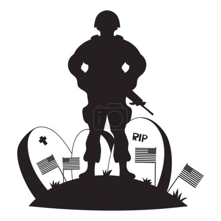 Memorial Day. Military soldier with weapons stands in front of graves with American flags. Veterans Cemetery. Silhouette drawing. Vector illustration for design national traditional holidays