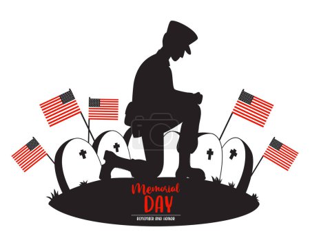 Memorial Day card. Veterans Cemetery. Military soldier on one knee in front of graves with American flags. Vector Silhouette drawing for design national traditional holidays