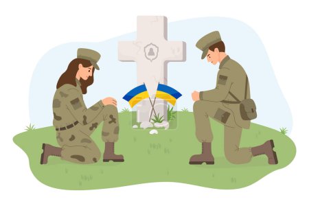 Military soldiers woman and man on one knee in front of grave cross with yellow-blue Ukrainian flags. Memorial Day. Veterans Military Cemetery. Vector illustration in flat style