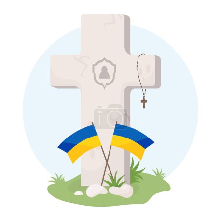 Ilustración de Cruz de lápida con banderas ucranianas de color amarillo-azul. Día de los Caídos. Veteranos del Cementerio Militar. Ilustración vectorial - Imagen libre de derechos