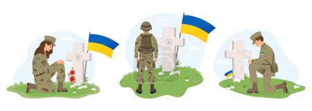 Veterans Cemetery and Ukrainian military. Soldiers woman and man on one knee in front of grave cross with yellow-blue Ukrainian flags. Memorial Day. Isolated vector illustrations in flat style