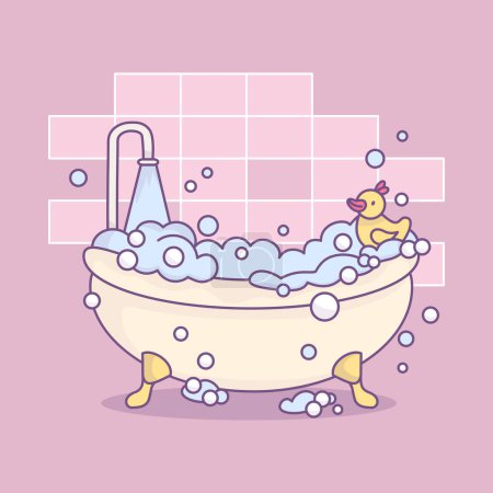 Vintage cartoon bathtub overflowing with foam frothy bubbles, with rubber duck. Cozy bathroom. Vector illustration. Cute kawaii style