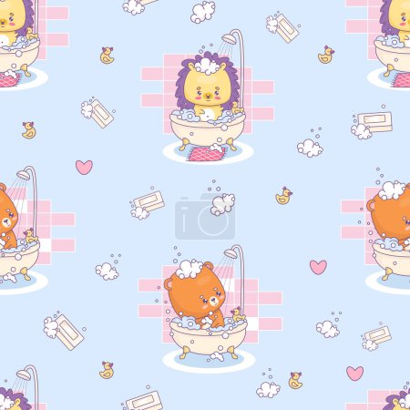 Seamless pattern with funny hedgehog and bear bathing in bubble bath. Cute cartoon kawaii animal character on light blue background with soap and rubber duck. Vector illustration. Kids collection