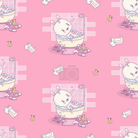 Nahtloses Muster mit Häschen ruht in Schaumbad im Badezimmer auf rosa Hintergrund mit Gummienten. Niedliche lustige kawaii Tier Charakter. Vektorillustration. Kinderkollektion