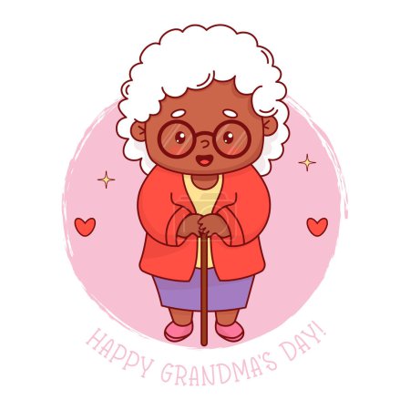 Cute black ethnic elderly woman grandmother. Card Happy grandmas day. Vector illustration. Positive holiday cartoon female character pensioner lady.