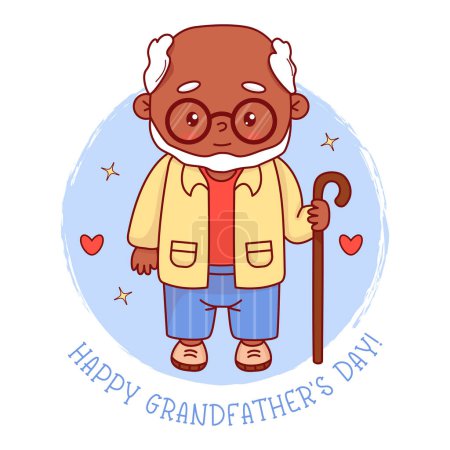 Black ethnic granddad. Happy Grandfathers Day card. Cute elderly gray-haired man with glasses with stick. Vector illustration. Positive festive cartoon old male character.