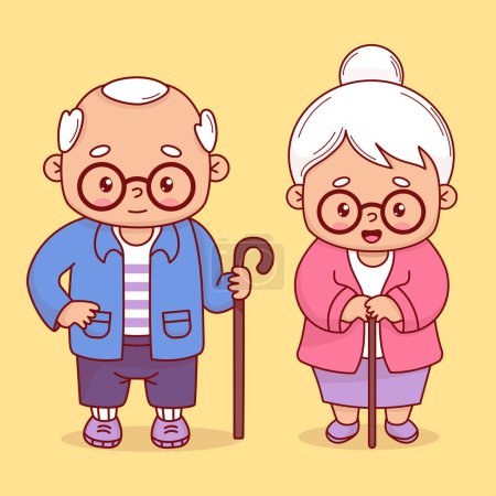Abuelos felices. Linda abuela anciana y hombre de pelo gris con gafas con palo. Ilustración vectorial. Dibujos animados positivos aislados personaje femenino y masculino abuela señora y abuelo.
