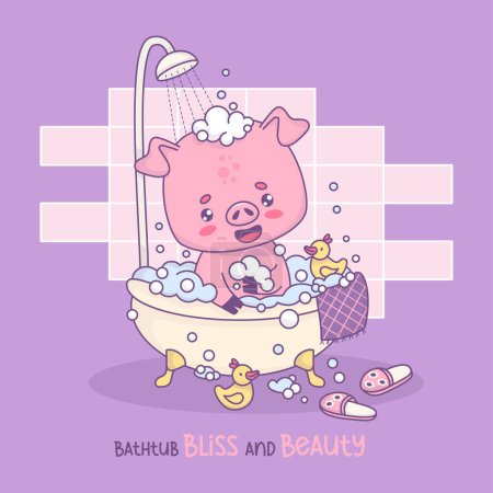 Lustiges Schwein badet in Badewanne mit Schaumstoffblasen und Gummi-Entenspielzeug. Niedliche Karikatur kawaii Tierfigur im Badezimmer wäscht unter der Dusche. Vektorillustration. Kinderkollektion