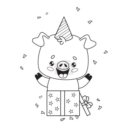Cute happy pig in gift box wearing birthday cap. Festive outline cartoon animal. Line drawing, coloring book. Vector illustration. Kids collection