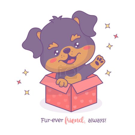 Glücklicher Welpe Rottweiler mit in festlicher Geschenkbox. Niedlichen Urlaub Cartoon Kawaii Charakter Tier Hund. Vektorillustration. Kinderkollektion