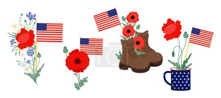 Gedenktag. Amerikanische Flagge mit roten Mohnblumen, Veteranenstiefeln und patriotischem Pokal. Sammlung isolierter Symbole für die Gestaltung traditioneller nationaler Feiertage. Vektorillustration 