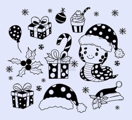 Christmas holiday snake set. Cute winter reptile, gift, Santa hat, holly, caramel, sweet and ball toy in doodle style. Vector isolated hand drawings. 2025 Year Snake Chinese calendar. Kids collection