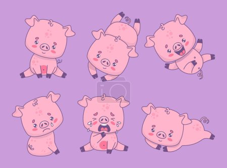 Cute funny piggy collection. Emotional pig. Smiling, sadness, smile, happy and unhappy crying. Isolated cartoon kawaii animal character. Vector illustration