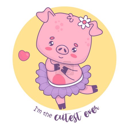 Happy smiling little piggy girl ballerina. Vector illustration. Cute card with funny cartoon kawaii animal character. Kids collection