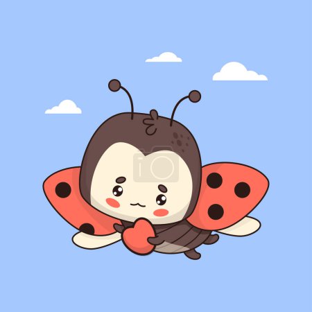 Mariquita voladora de corazón. Lindo personaje kawaii insecto de dibujos animados. Ilustración vectorial.