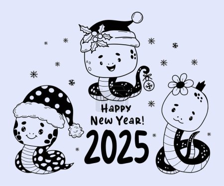 Christmas holiday snakes collection. Cute winter reptile in Santa hat and princess girl animal in doodle style. Vector isolated hand drawings. 2025 Year Snake according to Chinese lunar calendar