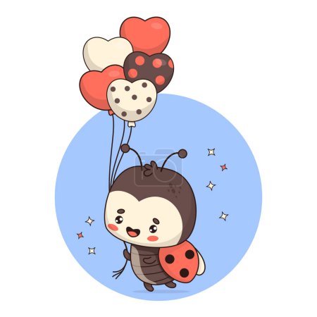 Lustige Marienkäfer mit Luftballons. Niedliche Cartoon-Insekt kawaii Charakter. Vektorillustration. Kinderkollektion