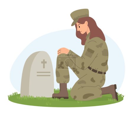  Soldado militar en una rodilla frente a la tumba de piedra. Día de los Caídos. Cementerio de Veteranos. Ilustración vectorial en estilo plano